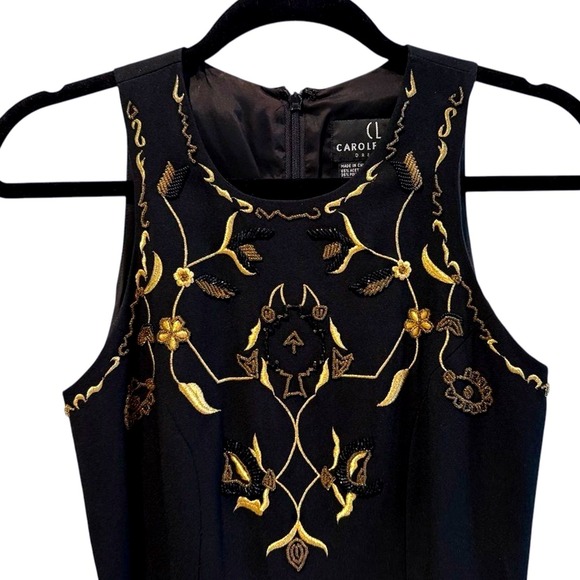 Carole Little Vintage Black Gold Embroidered Beaded Maxi Dress Slit Size 4 - Picture 2 of 9